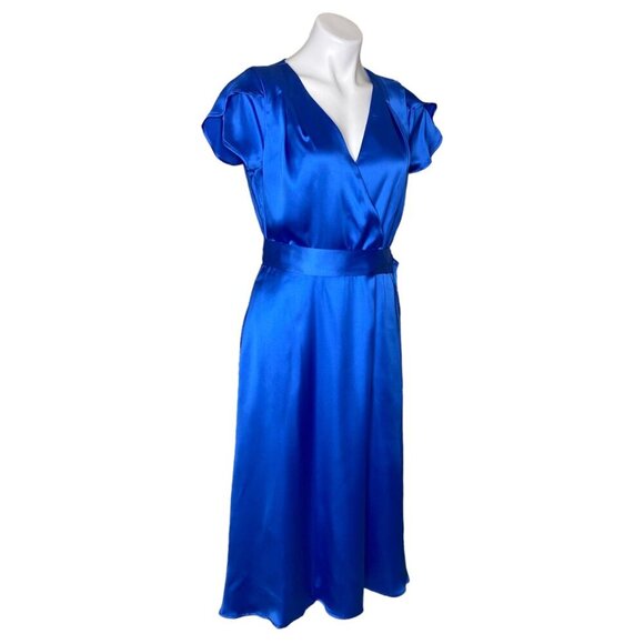 Tahari ASL NWT Blue Satin Midi Dress, Flutter Sleeves Belted Women's Size 8 - Picture 5 of 13